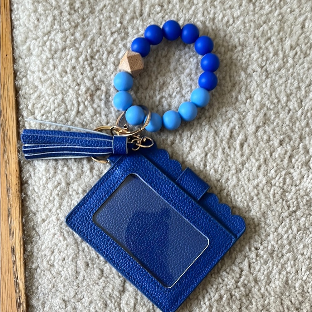 Blue Beaded Wristlet Keychain with Card Holder